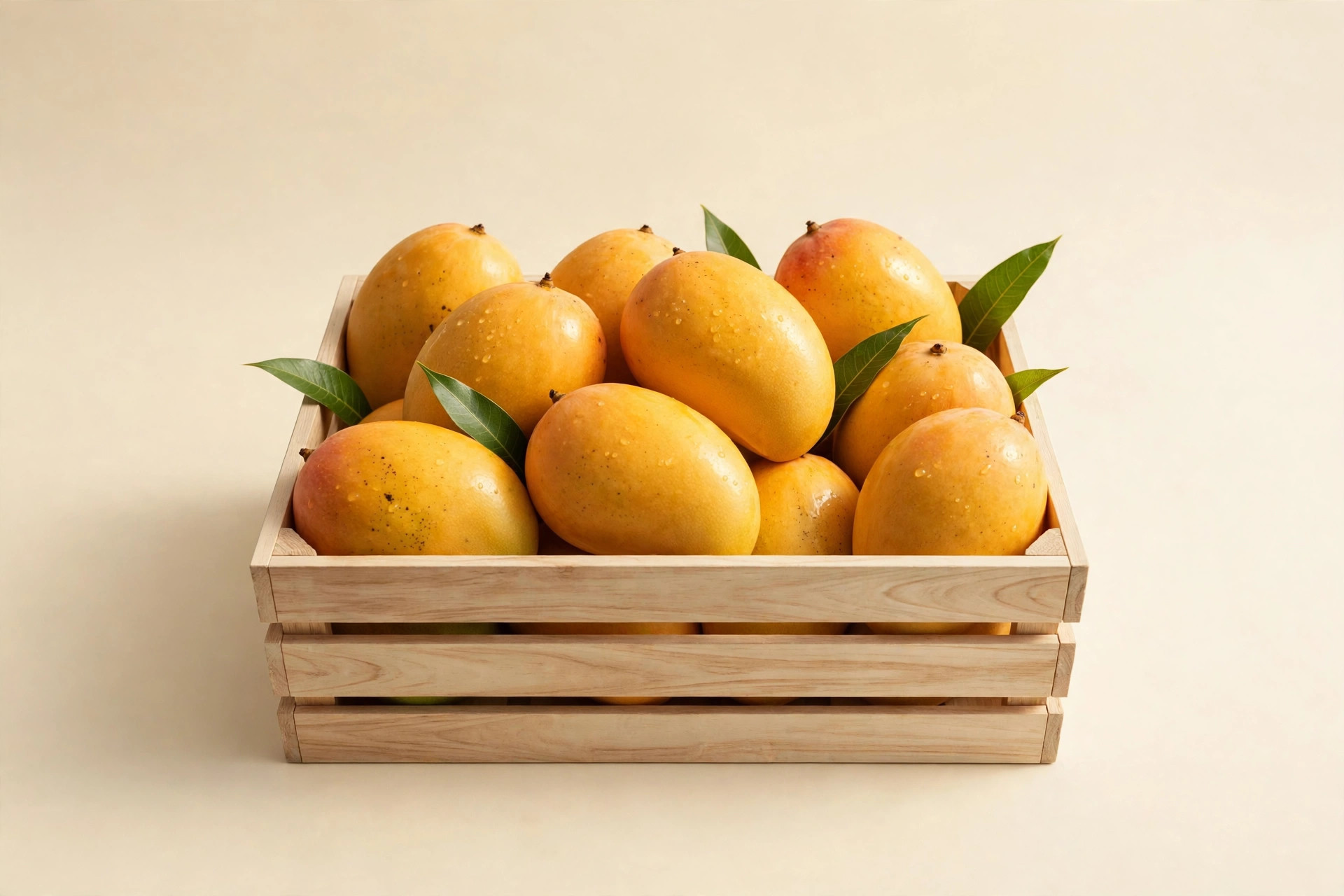 Golden Alphonso mangoes in a wooden crate