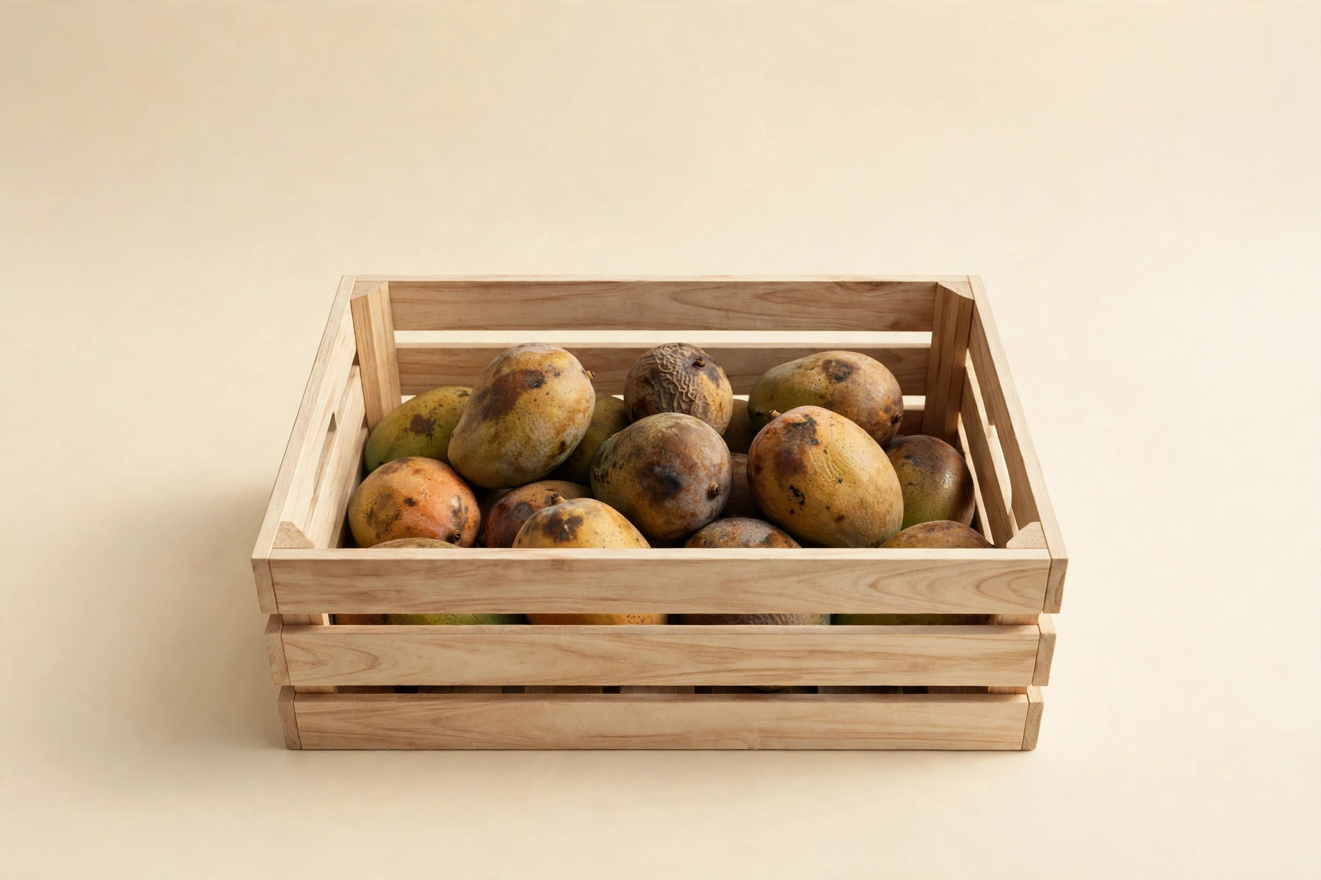 Dull bruised mangoes in the same wooden crate